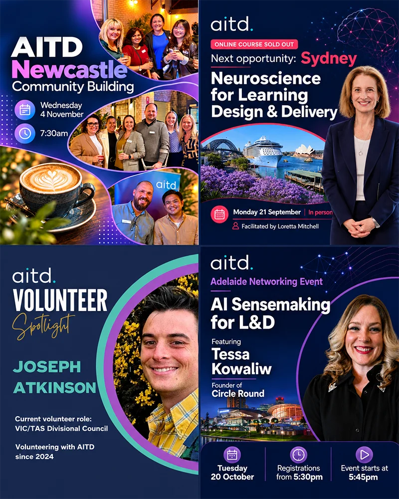Montage of AITD social media posts promoting events, courses and volunteers