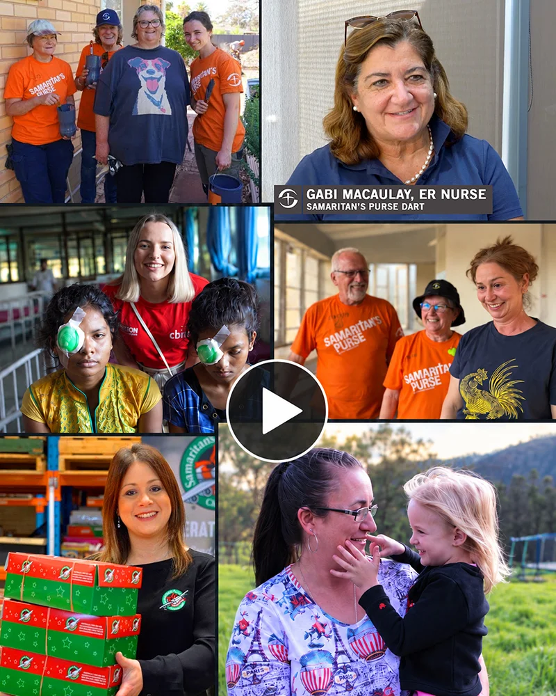 Montage of charity impact video stories featuring volunteers, healthcare and families